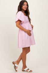 Pink Textured Bubble Sleeve Maternity Mini Dress