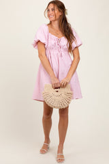 Pink Textured Bubble Sleeve Maternity Mini Dress