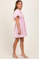 Pink Textured Bubble Sleeve Maternity Mini Dress