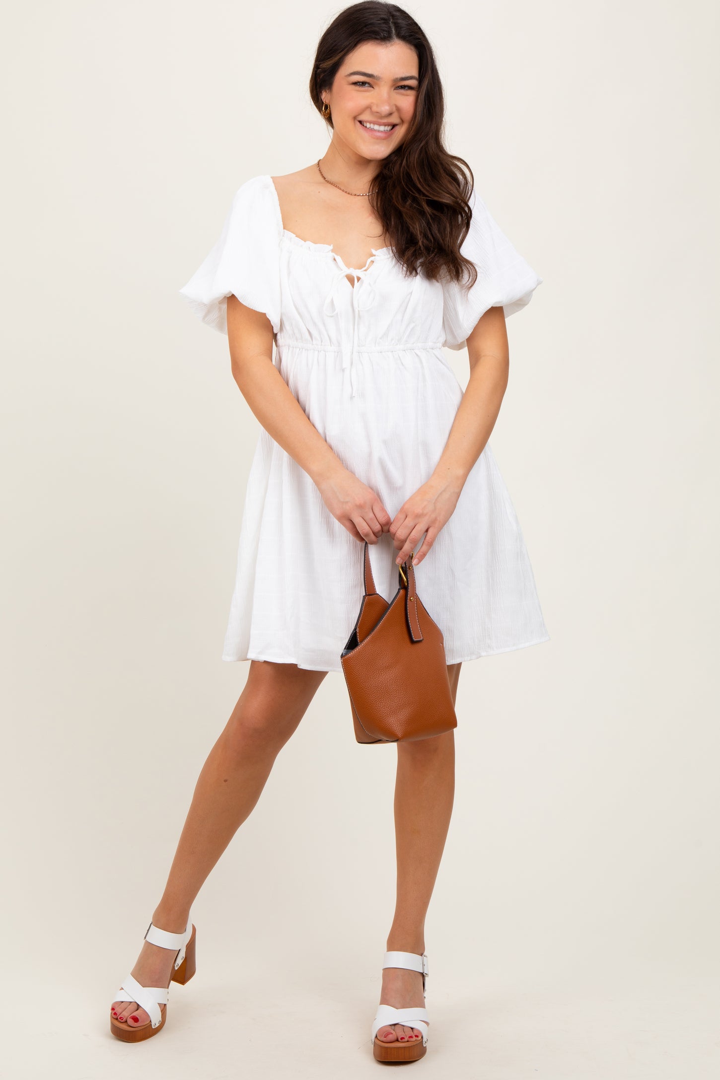 White Textured Bubble Sleeve Maternity Mini Dress