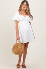 White Textured Bubble Sleeve Maternity Mini Dress