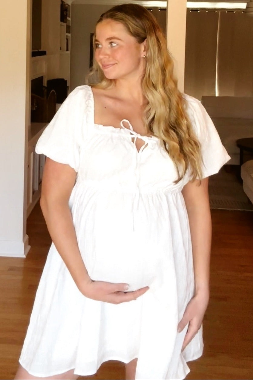 White Textured Bubble Sleeve Maternity Mini Dress