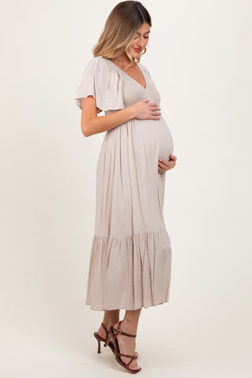 Cream Smocked Flutter Sleeve Midi Dress
