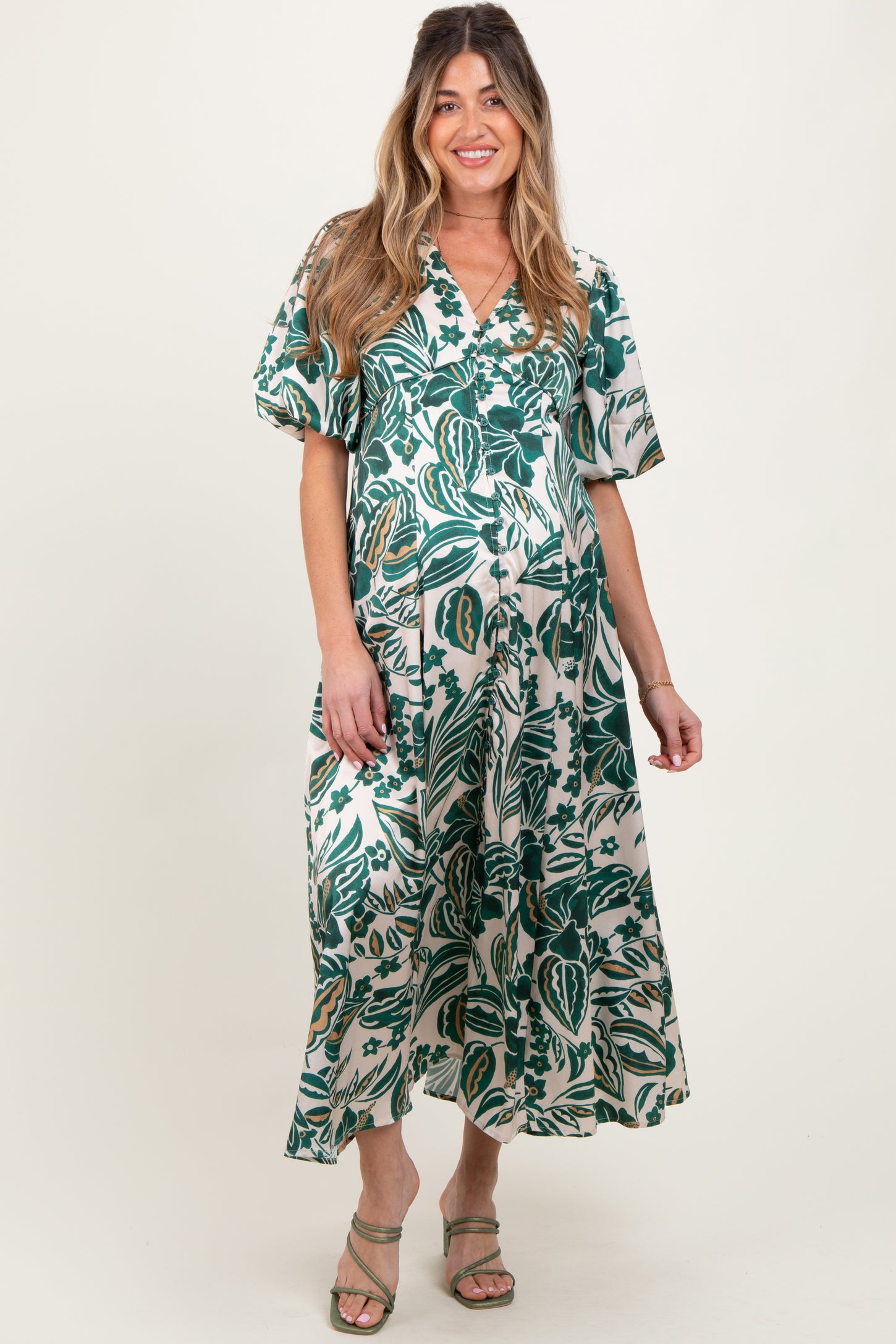 Green Palm Resort Print Satin Floral Button Maternity Maxi Dress