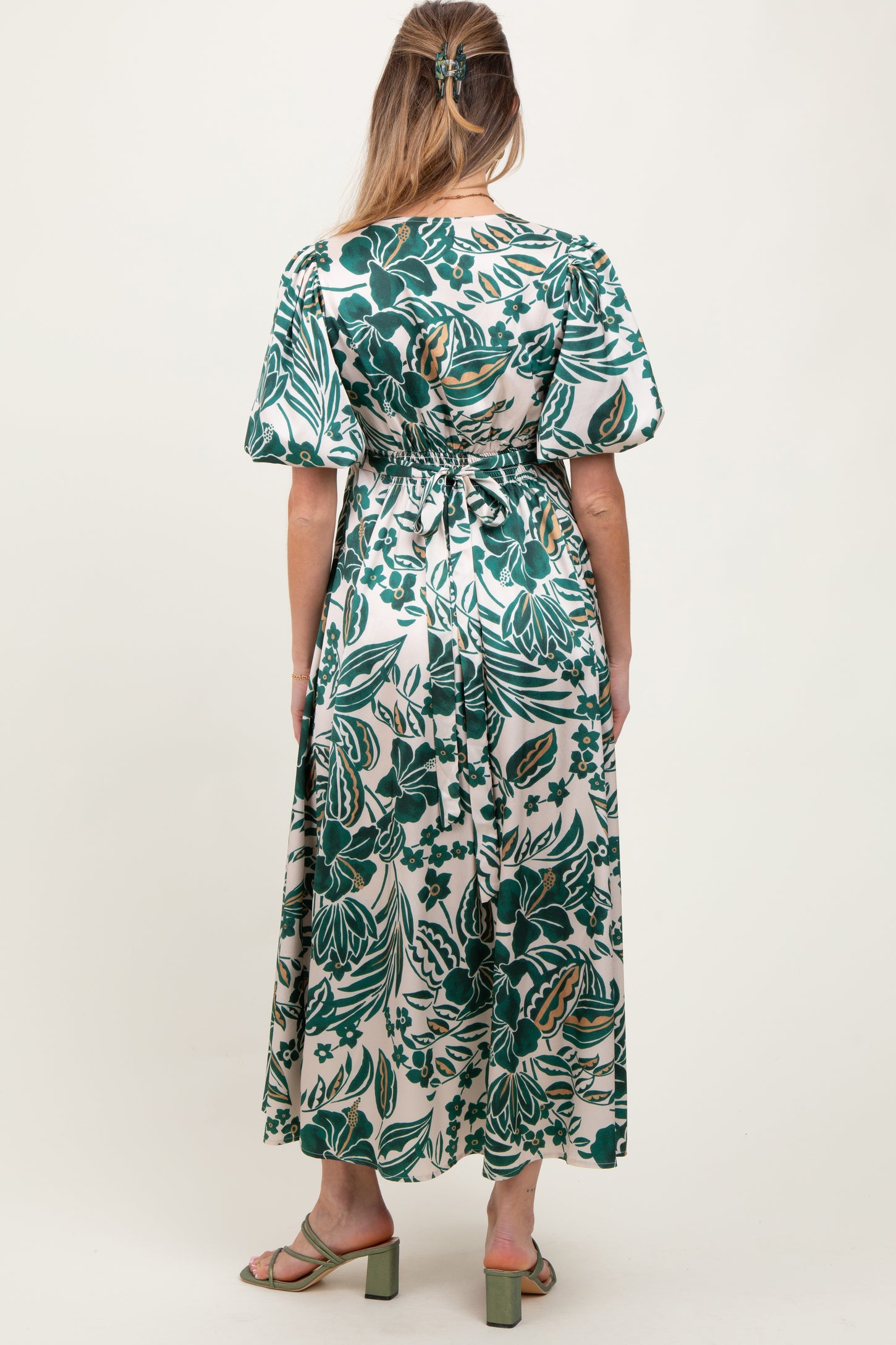 Green Palm Resort Print Satin Floral Button Maternity Maxi Dress