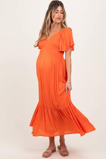 Orange Smocked Flutter Sleeve Midi Dress