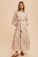 Mocha Cotton Toile Print Button Down Maxi Dress