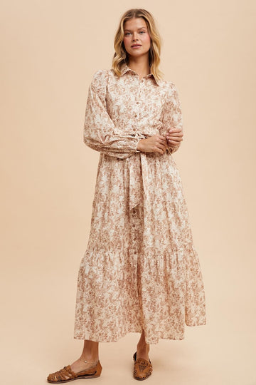 Mocha Cotton Toile Print Button Down Maxi Dress