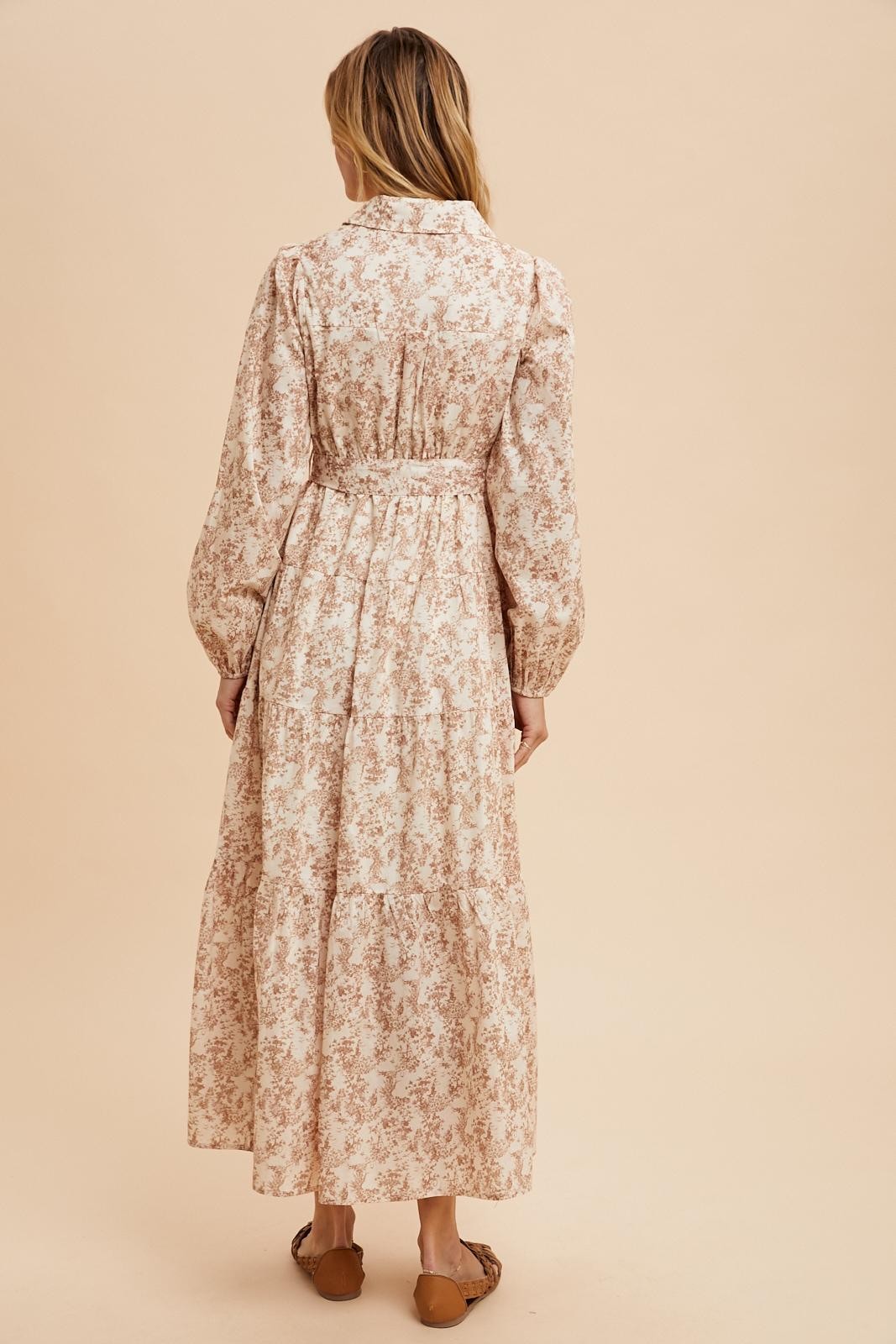 Mocha Cotton Toile Print Button Down Maxi Dress