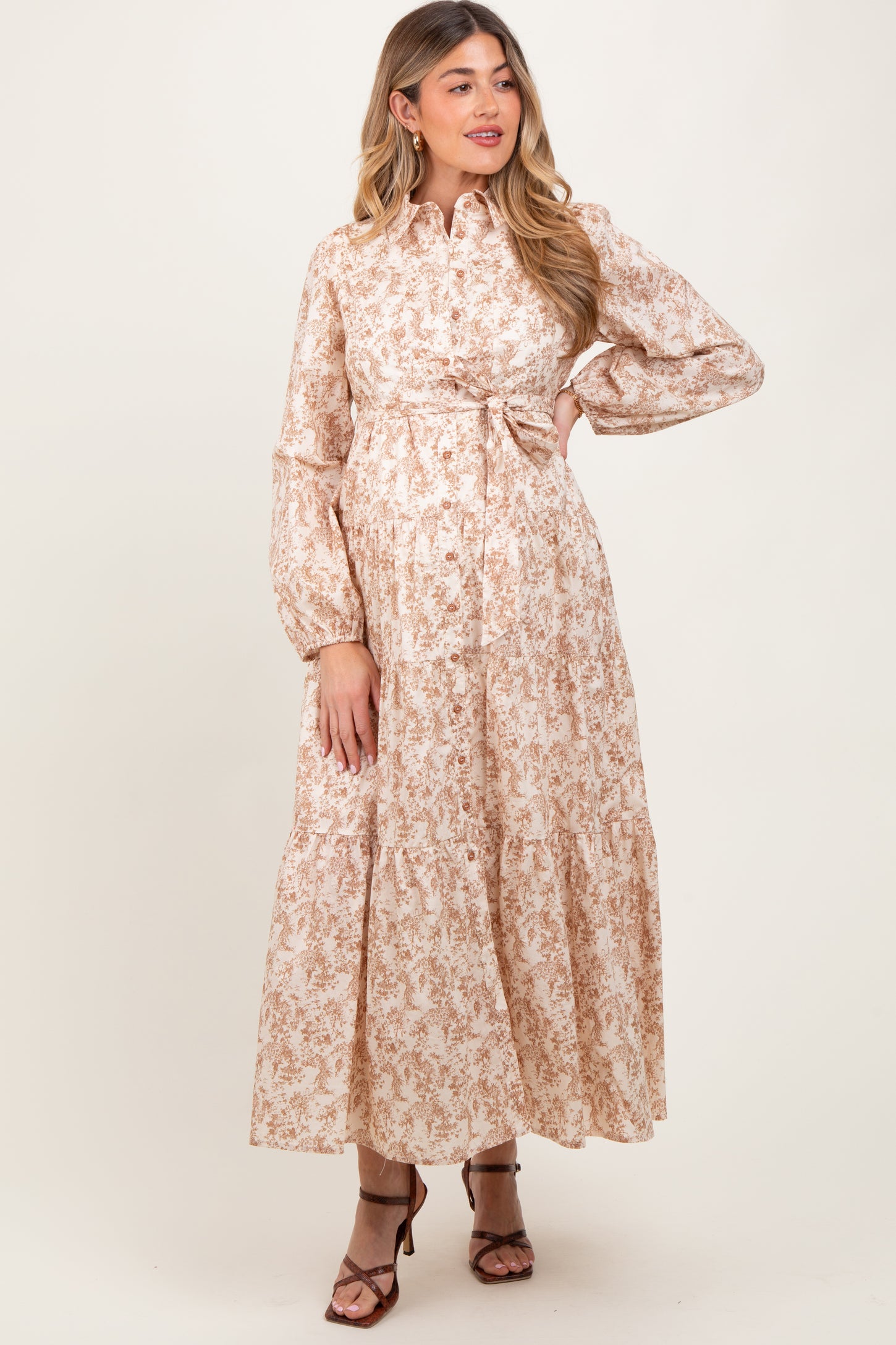 Mocha Cotton Toile Print Button Down Maternity Maxi Dress