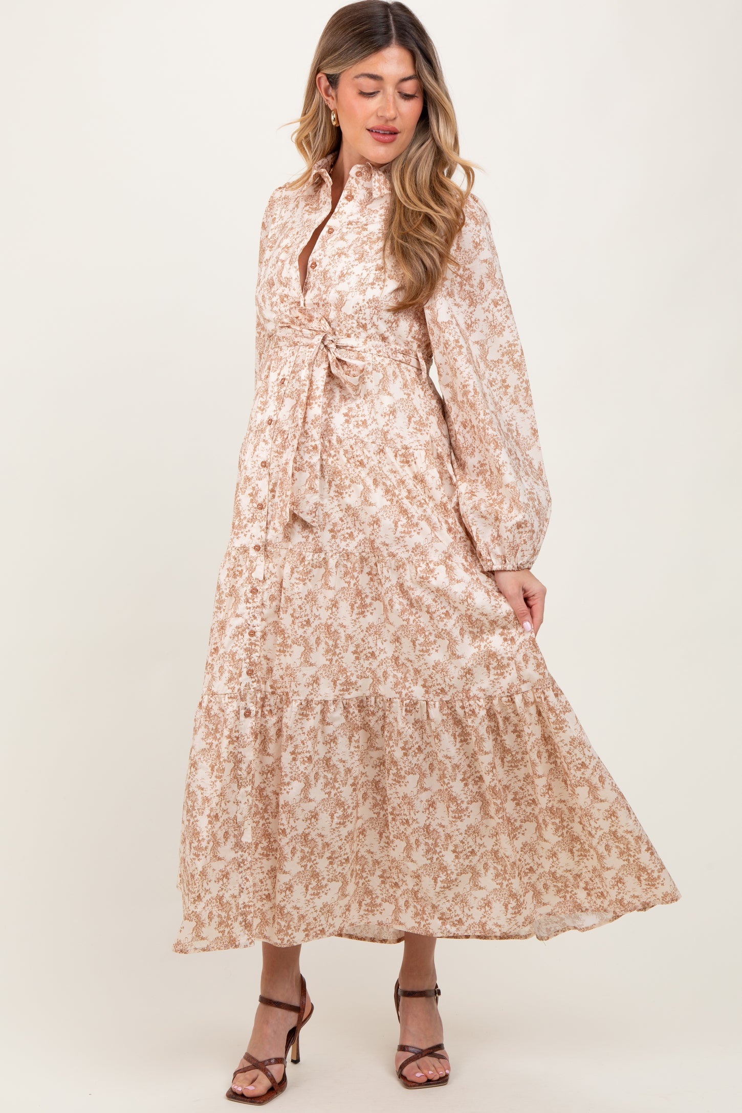 Mocha Cotton Toile Print Button Down Maternity Maxi Dress
