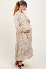 Yellow Printed Tiered Maternity Maxi Dress