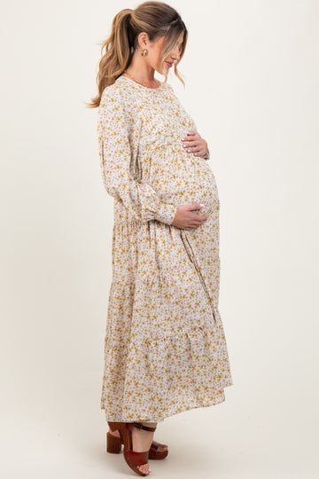 Yellow Printed Tiered Maternity Maxi Dress