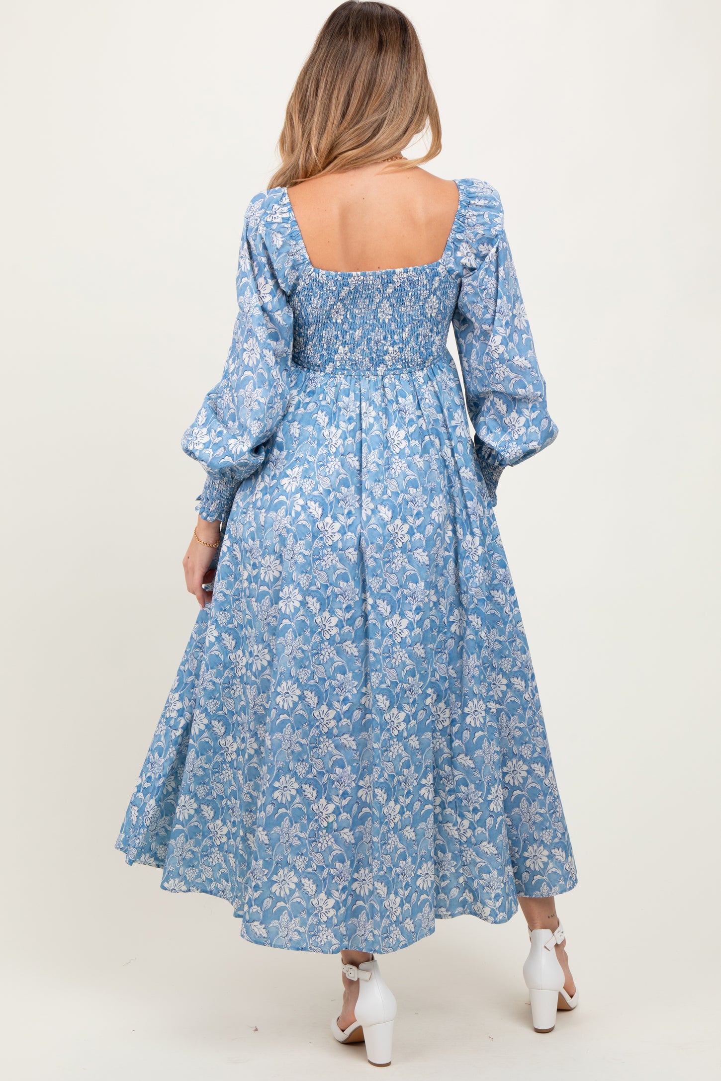 Light Blue Smocked Cotton Floral Maternity Maxi Dress