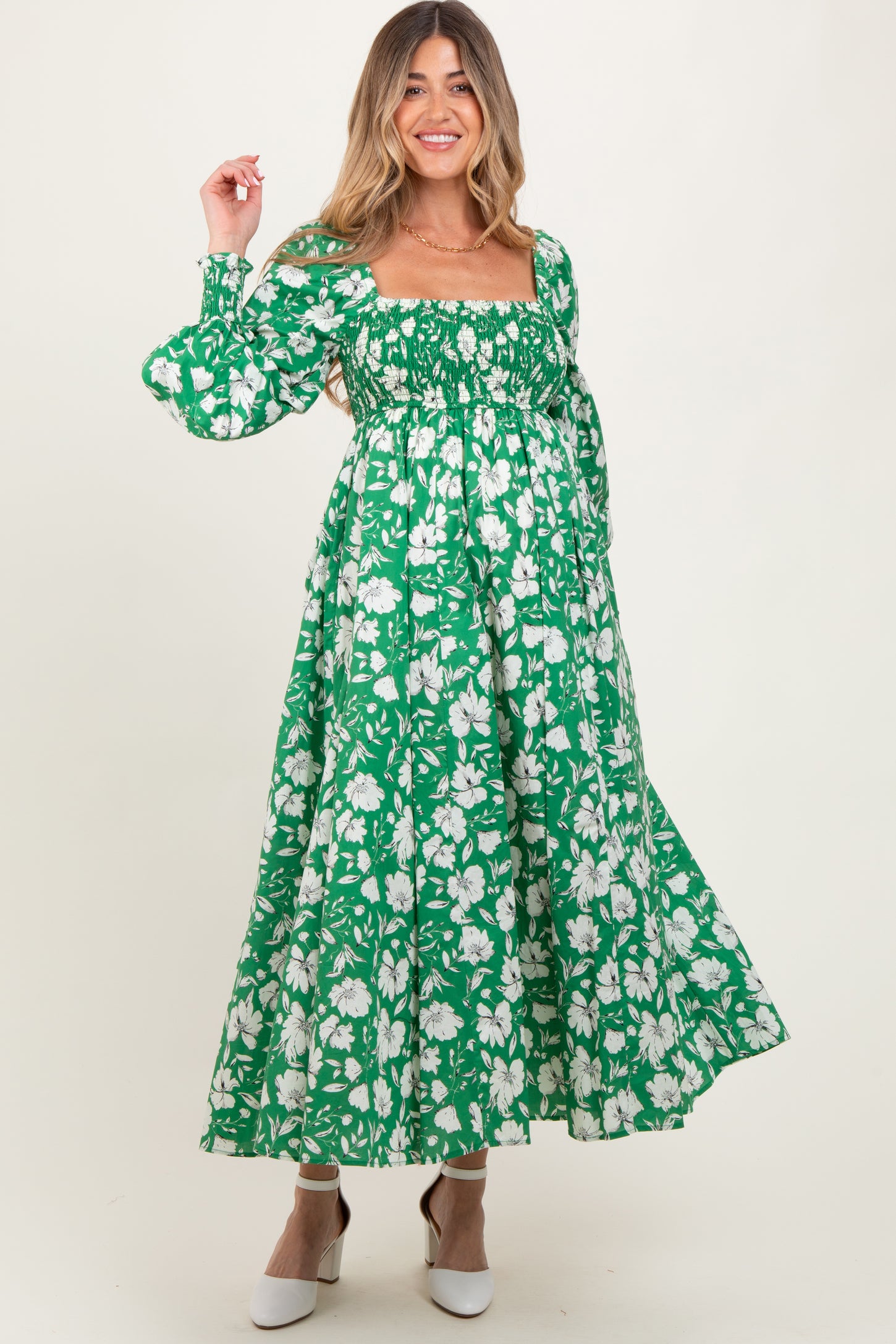 Green Smocked Cotton Floral Maternity Maxi Dress