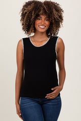 Black Ribbed Contrast Embroidered Sleeveless Maternity Top