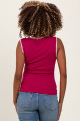Magenta Ribbed Contrast Embroidered Sleeveless Maternity Top