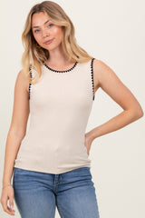 Cream Ribbed Contrast Embroidered Sleeveless Top