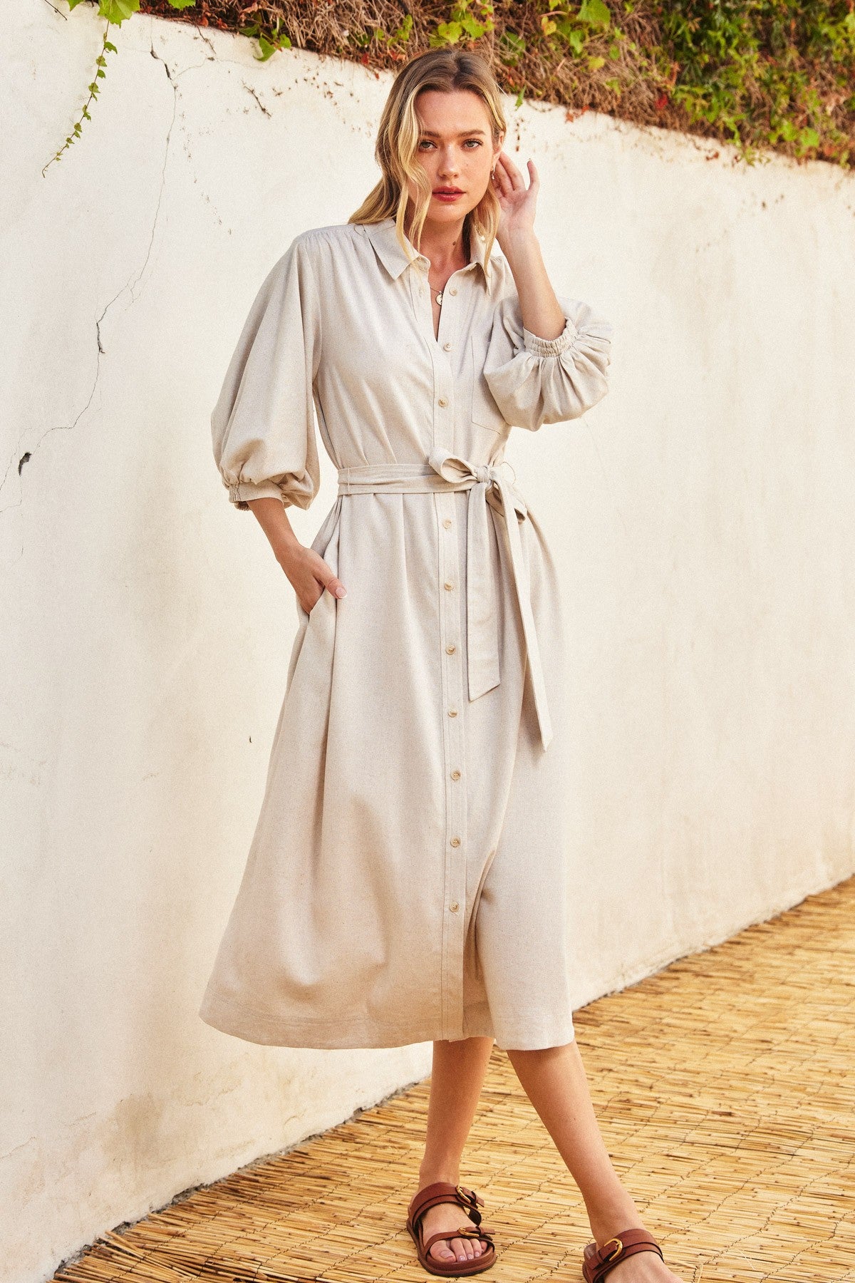 Beige 3/4 Bubble Sleeve Midi Shirt Dress