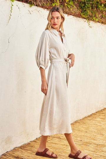 Beige 3/4 Bubble Sleeve Midi Shirt Dress