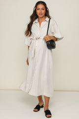 Beige 3/4 Bubble Sleeve Maternity Midi Shirt Dress