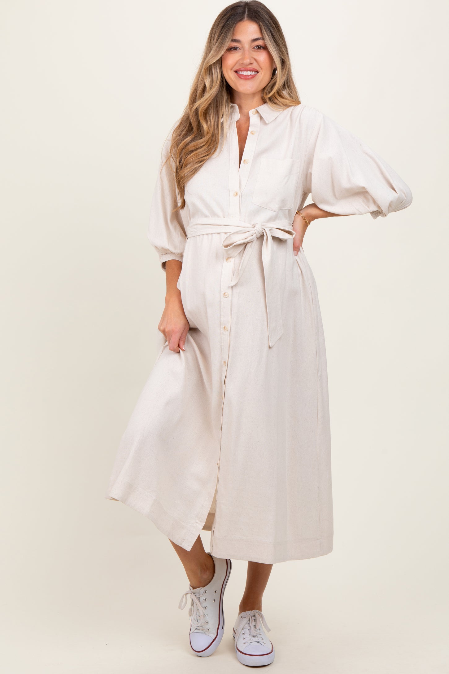 Beige 3/4 Bubble Sleeve Maternity Midi Shirt Dress