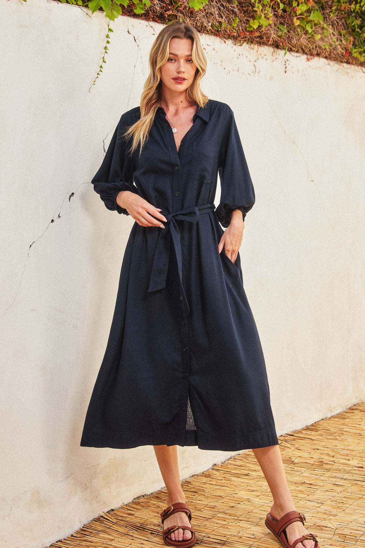 Navy 3/4 Bubble Sleeve Maternity Midi Shirt Dress
