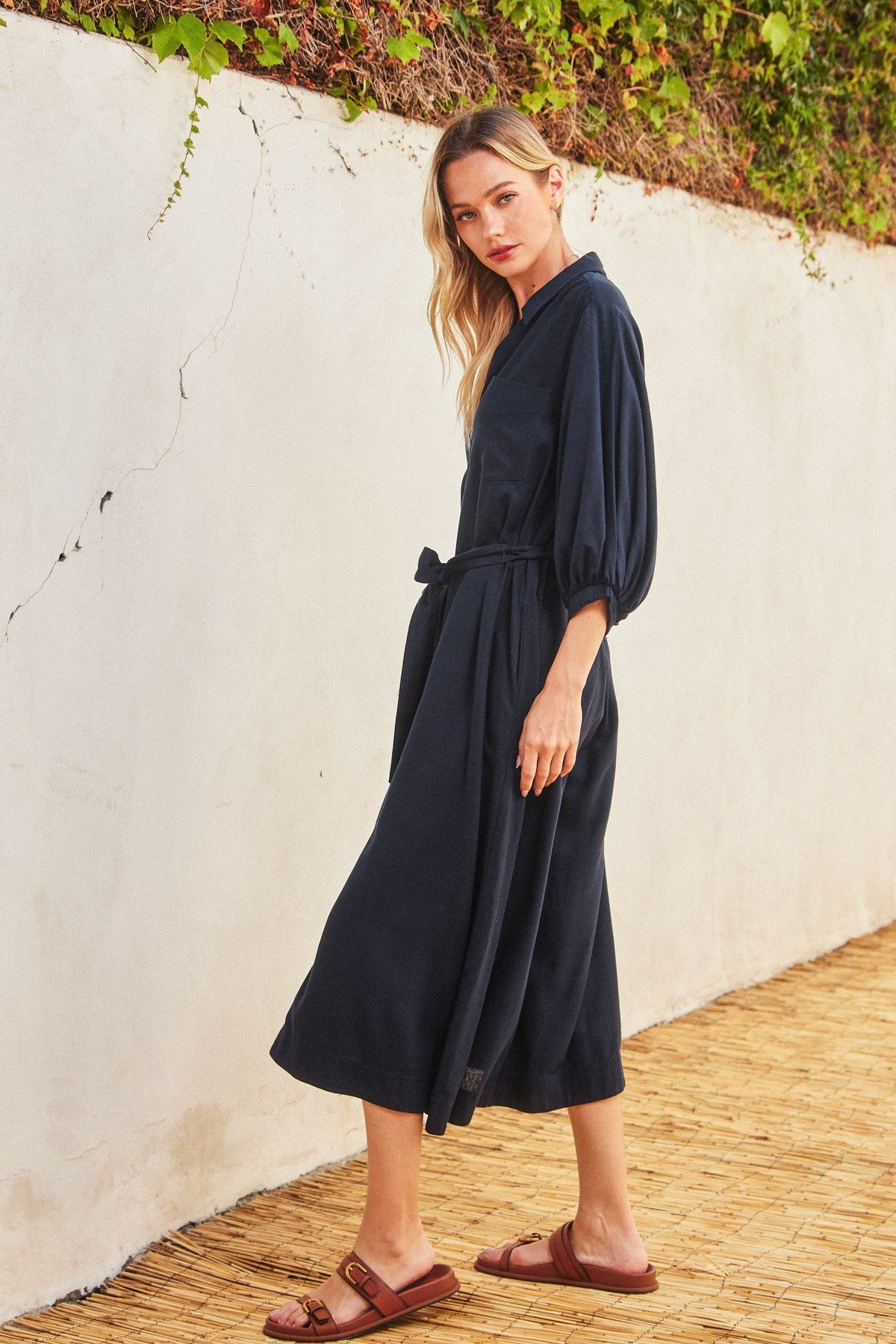 Navy 3/4 Bubble Sleeve Midi Shirt Dress