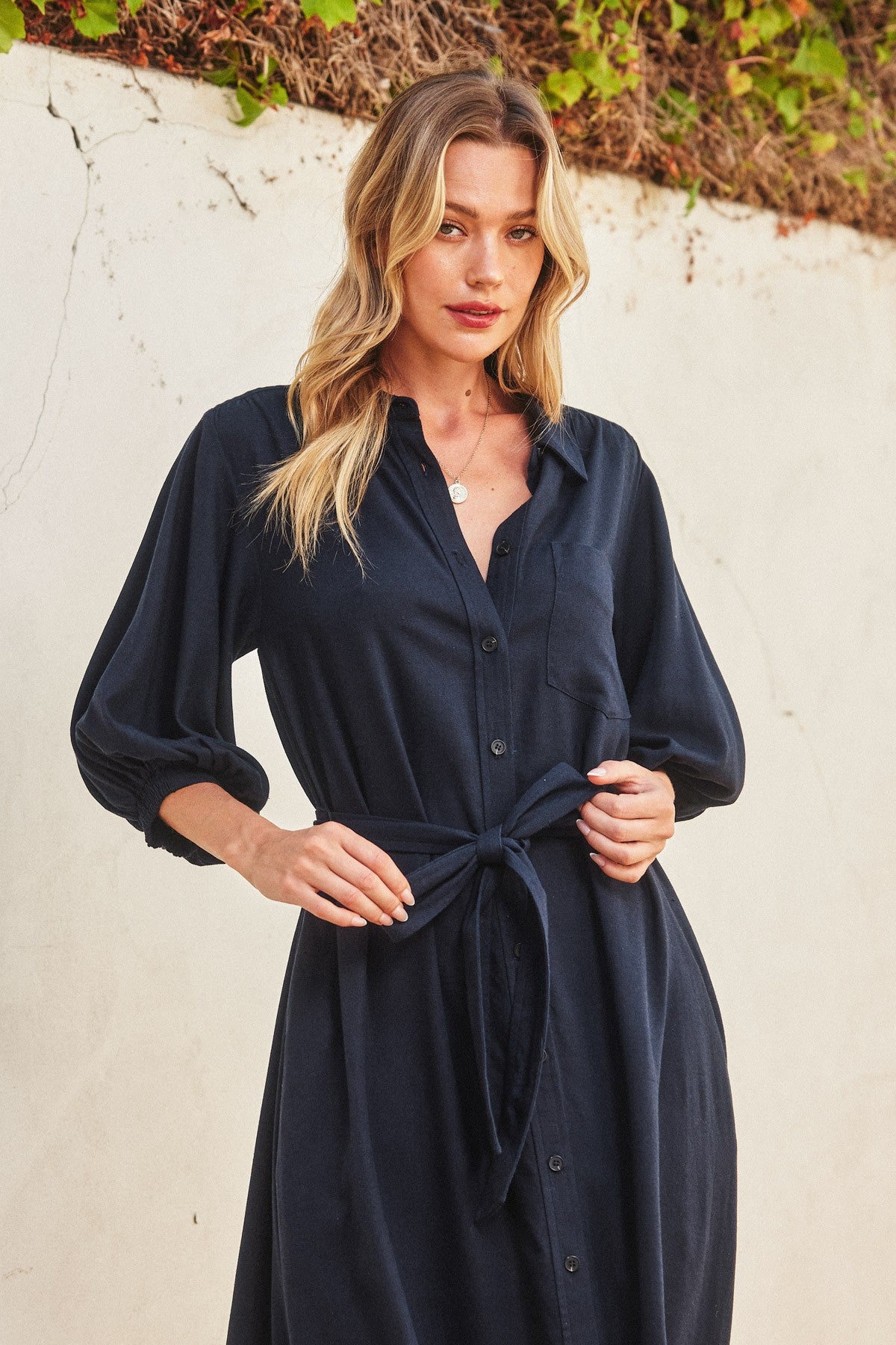 Navy 3/4 Bubble Sleeve Midi Shirt Dress