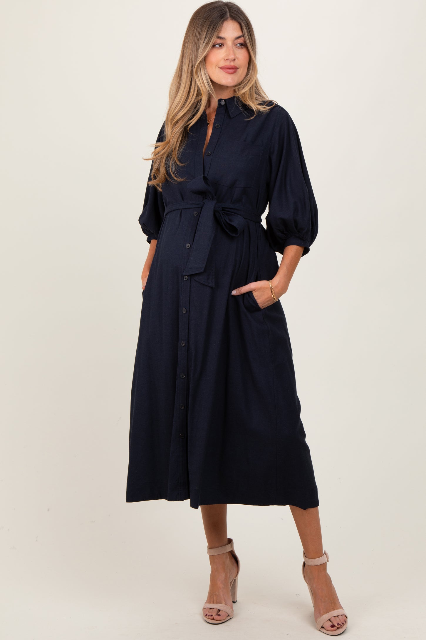 Navy 3/4 Bubble Sleeve Maternity Midi Shirt Dress