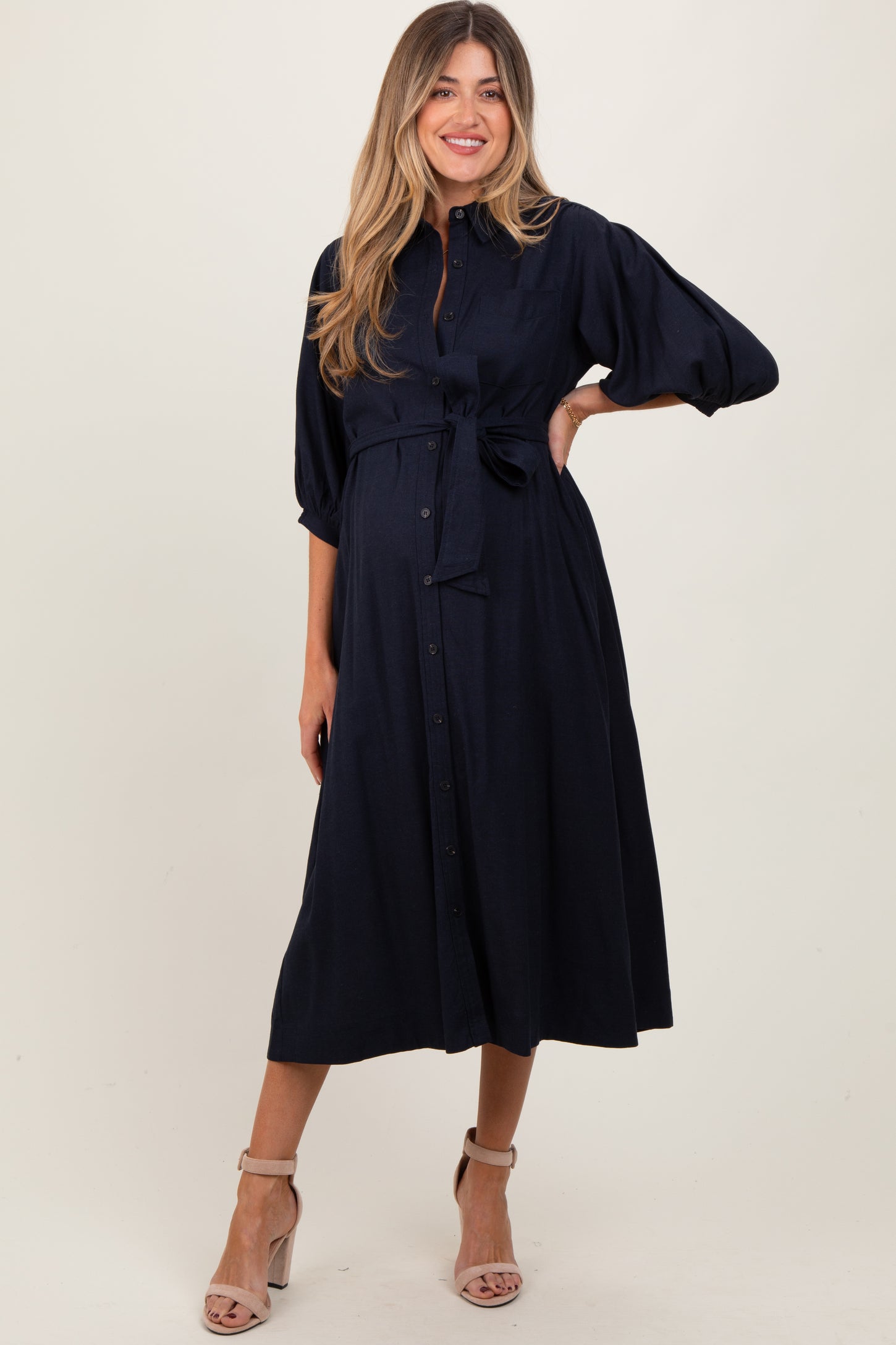 Navy 3/4 Bubble Sleeve Maternity Midi Shirt Dress