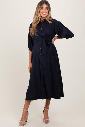 Navy 3/4 Bubble Sleeve Maternity Midi Shirt Dress