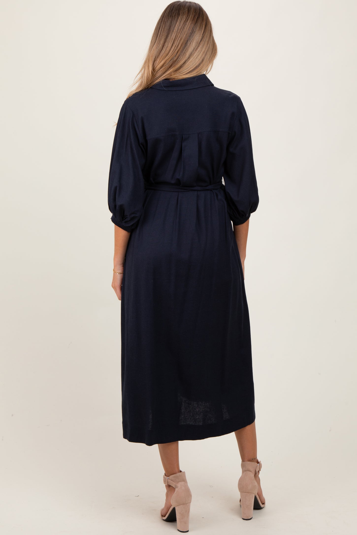 Navy 3/4 Bubble Sleeve Maternity Midi Shirt Dress