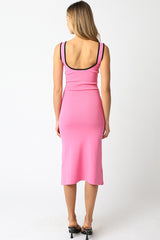Pink Knit Contrast Trim Square Neck Midi Dress
