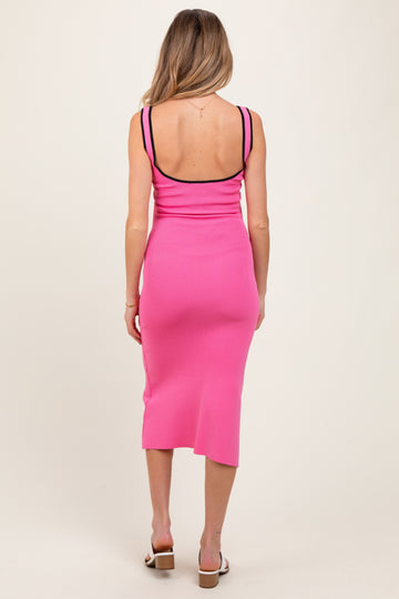 Pink Knit Contrast Trim Square Neck Maternity Midi Dress