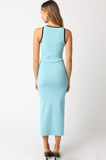 Light Blue Knit Contrast Trim Midi Dress