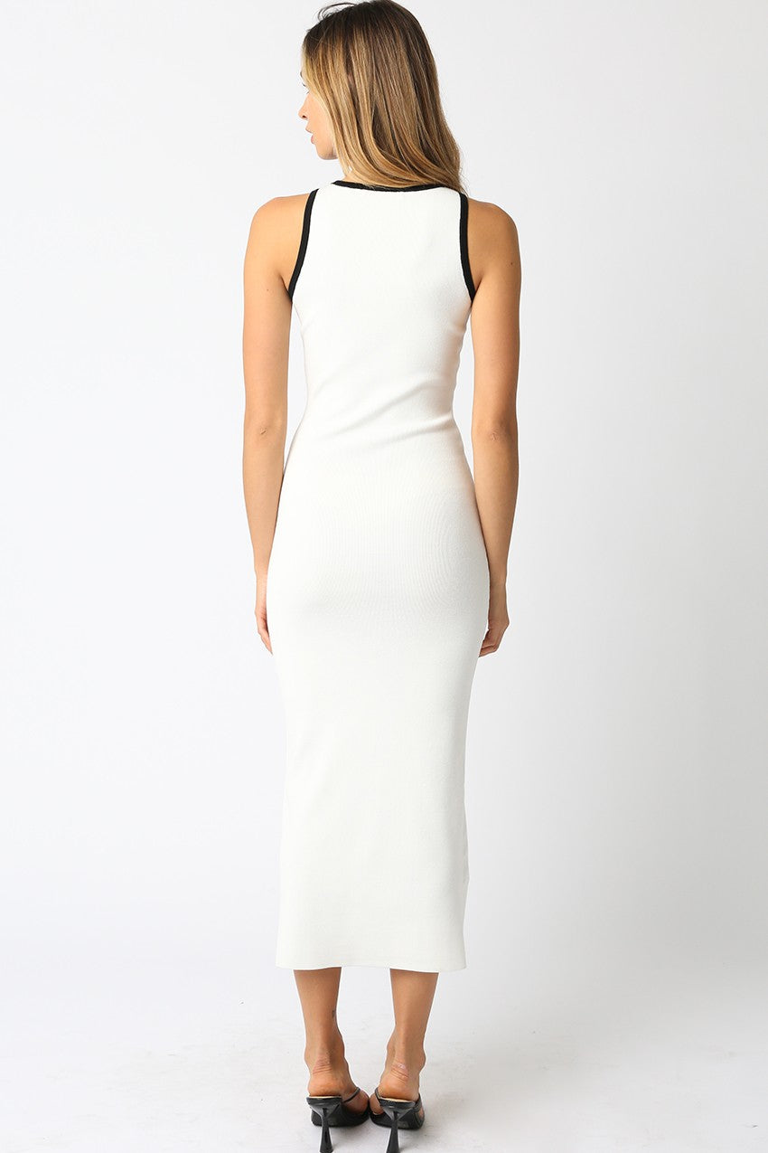 White Knit Contrast Trim Midi Dress