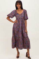 Dark Mauve Floral Bubble Sleeve Tiered Maxi Dress
