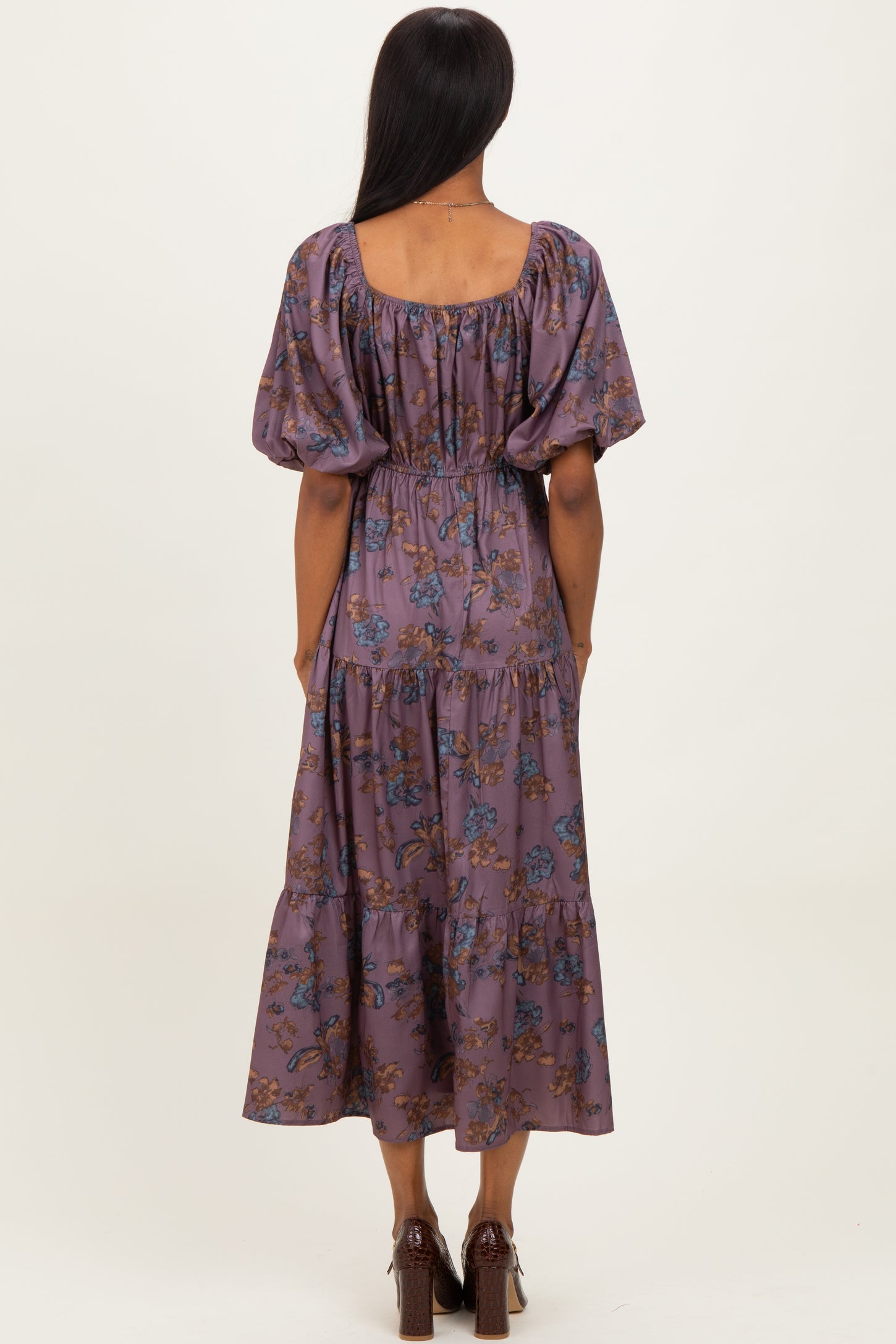 Dark Mauve Floral Bubble Sleeve Tiered Maxi Dress