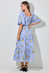 Light Blue Floral Puff Sleeve Tiered Maxi Dress