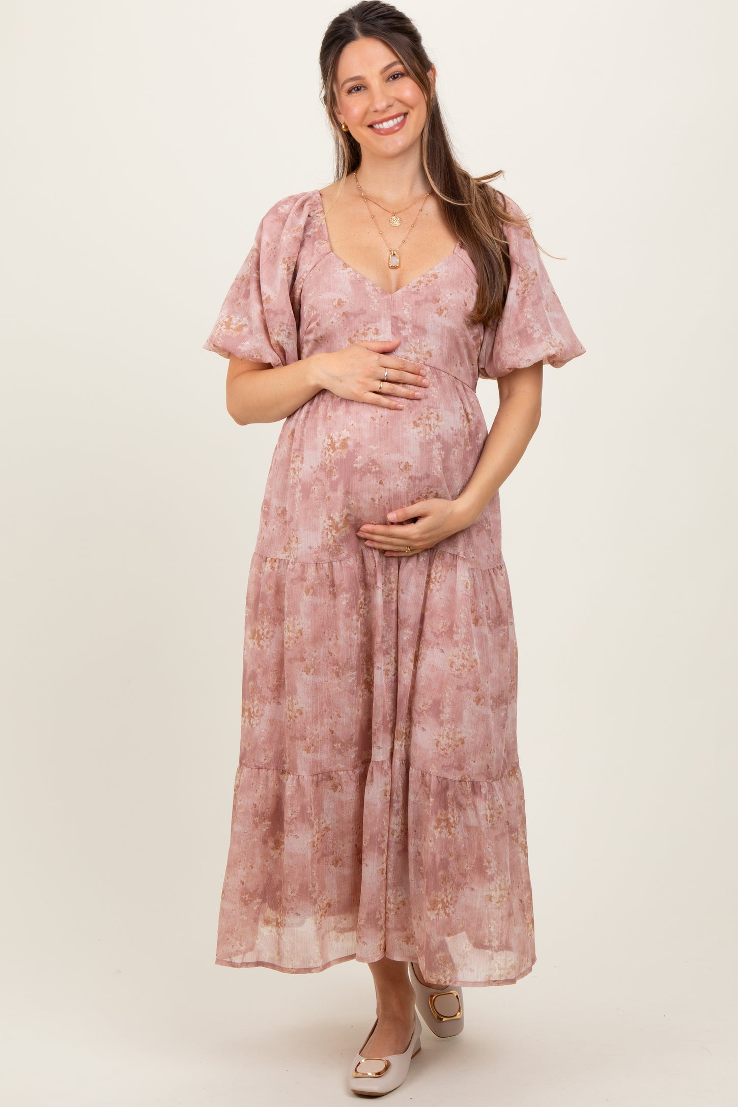 Mauve Watercolor Floral Puff Sleeve Tiered Maternity Maxi Dress