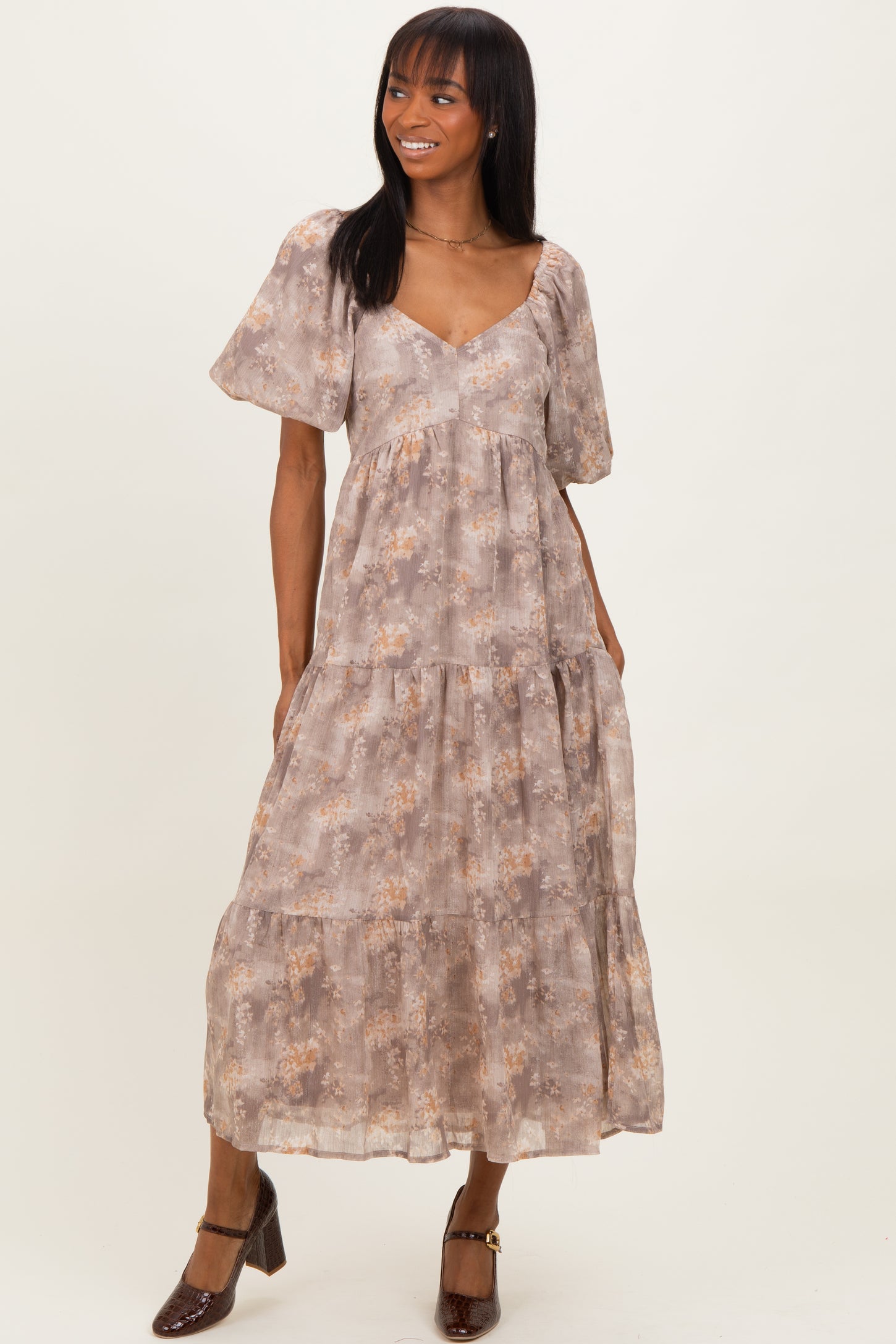 Light Taupe Watercolor Floral Puff Sleeve Tiered Maxi Dress