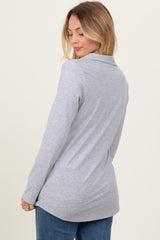 Heather Grey Ribbed Collared Long Sleeve Top
