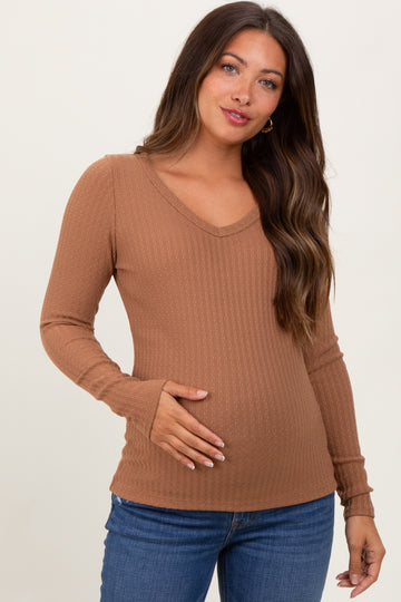 Camel Ribbed V-Neck Long Sleeve Maternity Top