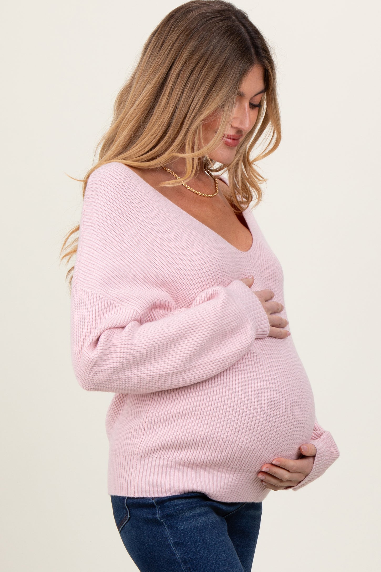 Light Pink V-Neck Drop Shoulder Back Bow Tie Maternity Sweater