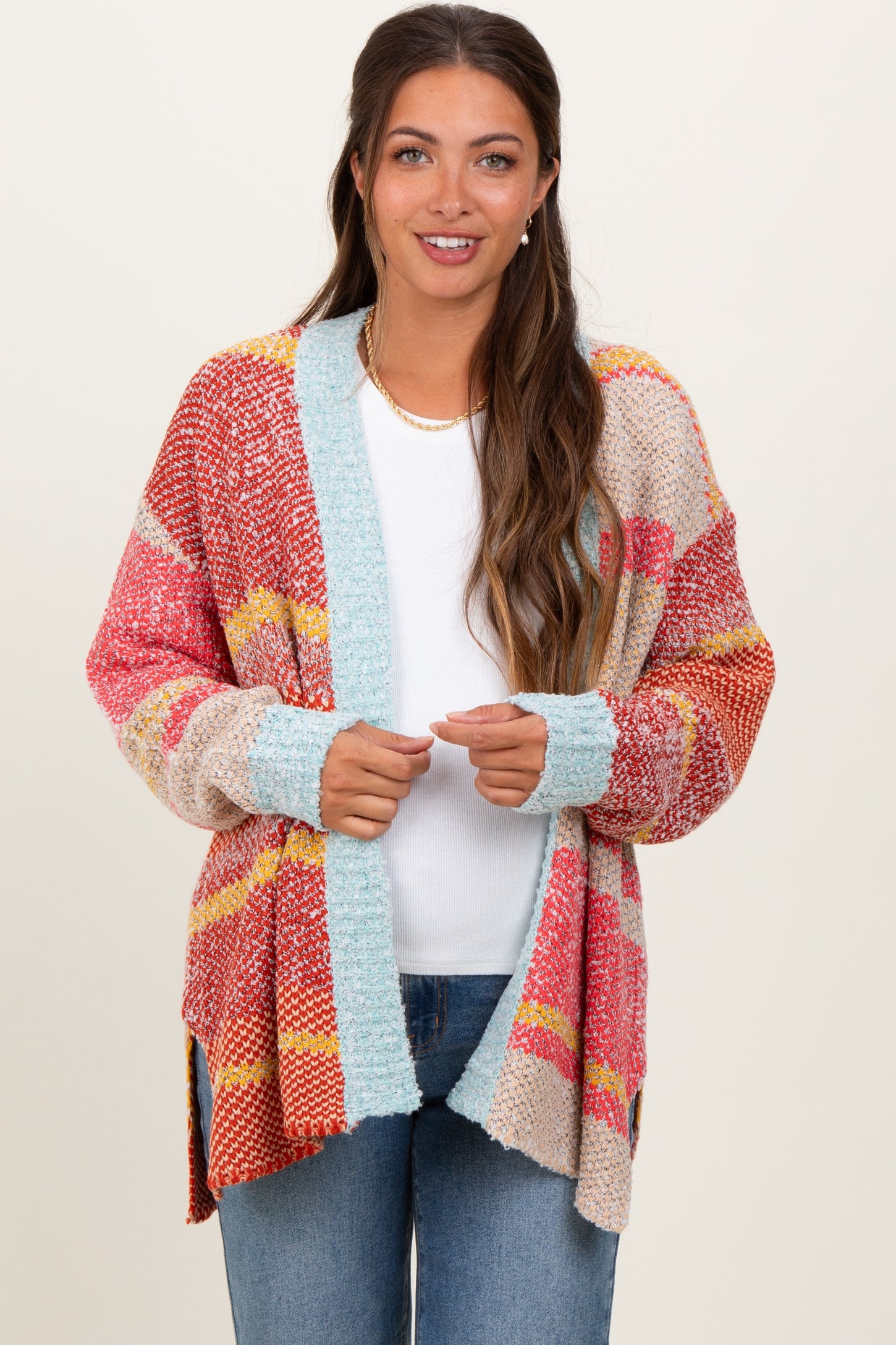 Orange Colorblock Stripe Oversized Open Maternity Cardigan