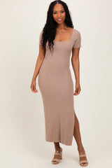 Mocha Ribbed Knit Back Tie Side Slit Maternity Midi Dress
