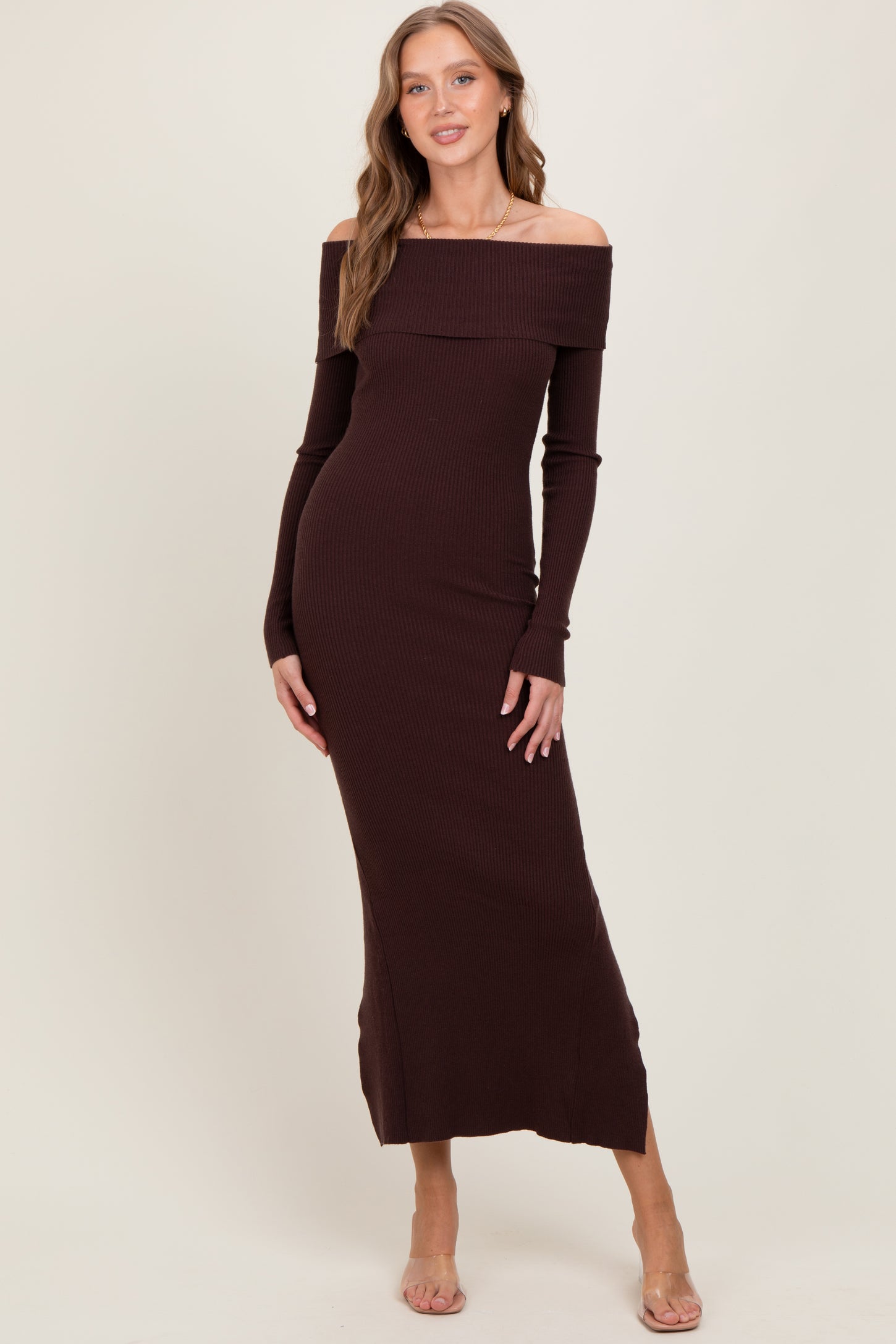 Brown Ribbed Knit Off Shoulder Side Slit Sweater Dress