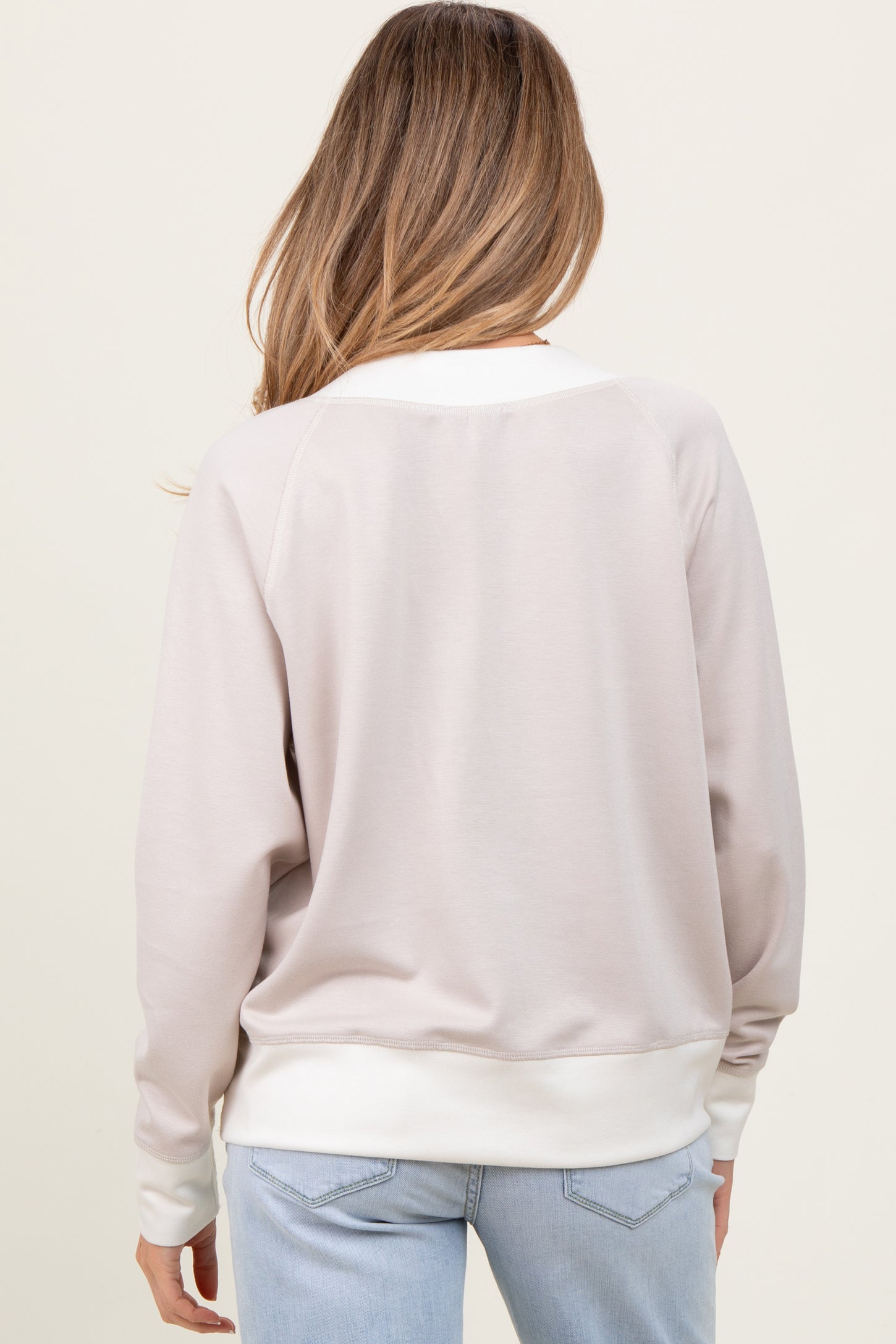 Beige Colorblock V-Neck Maternity Pullover Top
