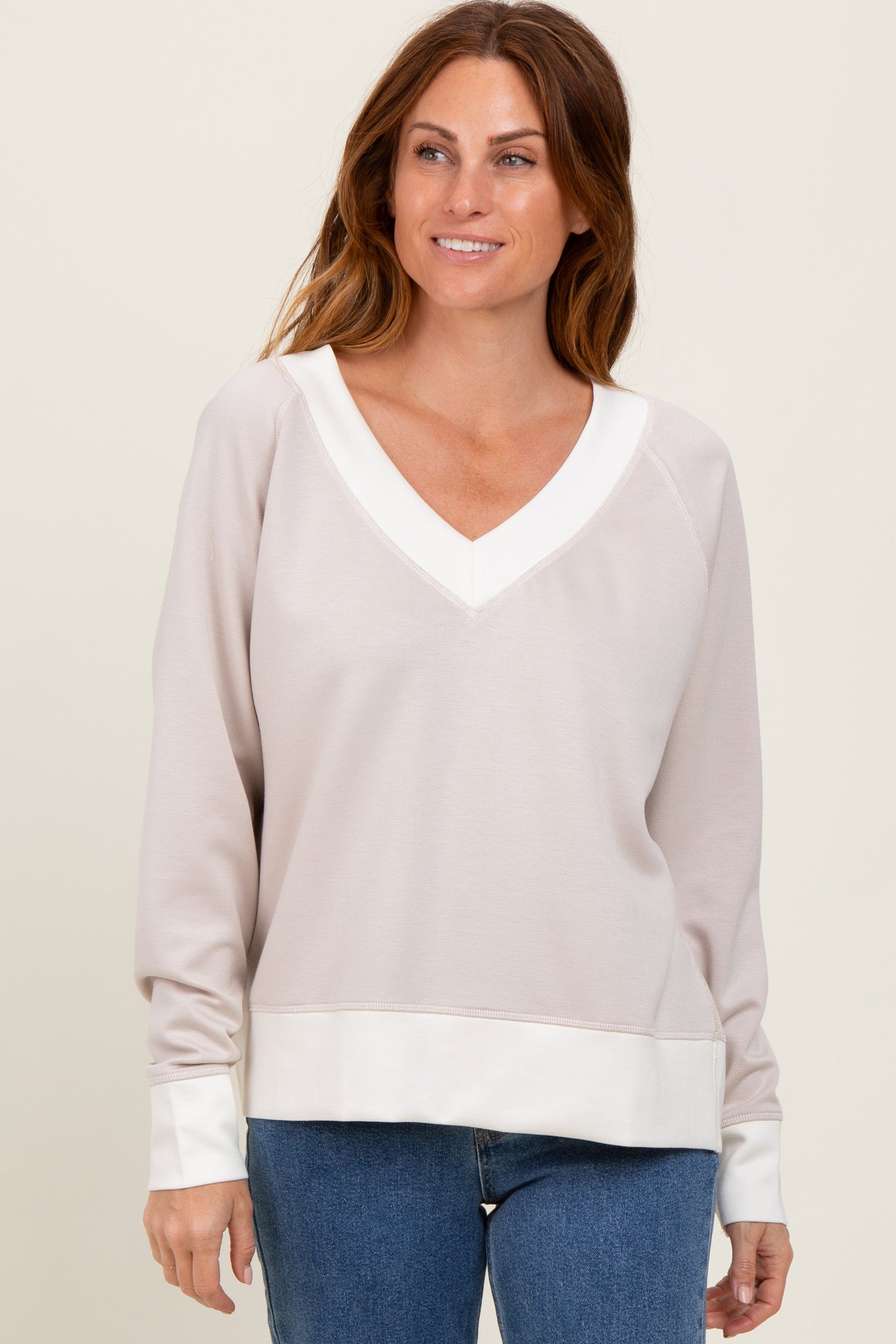 Beige Colorblock V-Neck Pullover Top